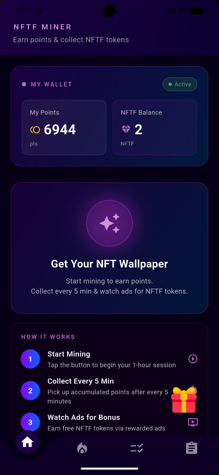 NFTF App — Mining Screen
